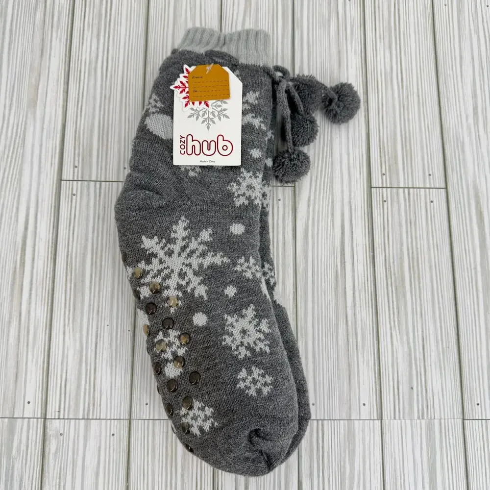 Cozy Hub non skid slipper socks snowflake with pompom winter gray white NEW